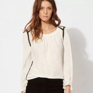 MAJE Womens Lacy Silk Gathered Peasant Blouse Long Sleeve Cream Black Size Small